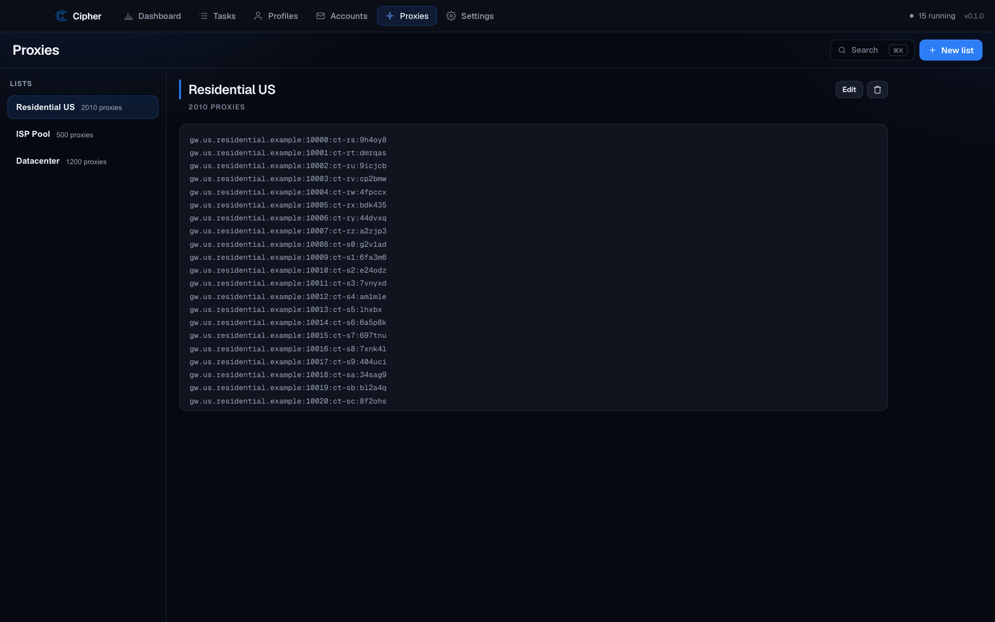 Cipher Tools proxies — pools with health and usage.