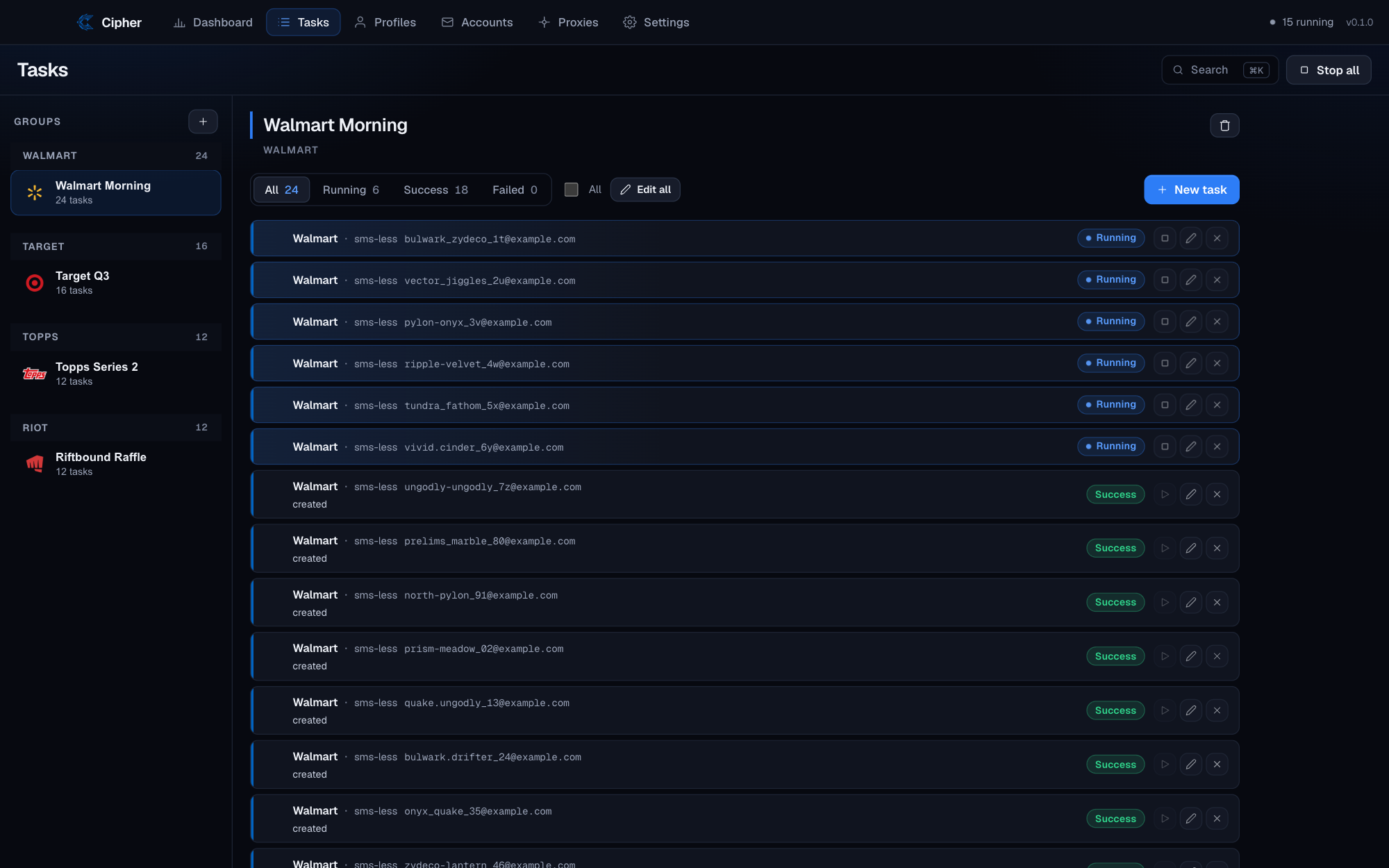 Cipher Tools tasks — grouped by site, each streaming its stage.